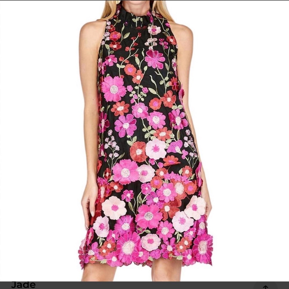 Jade Dimensional Floral Sleeveless Floral High-Low Dress in Black and Pink